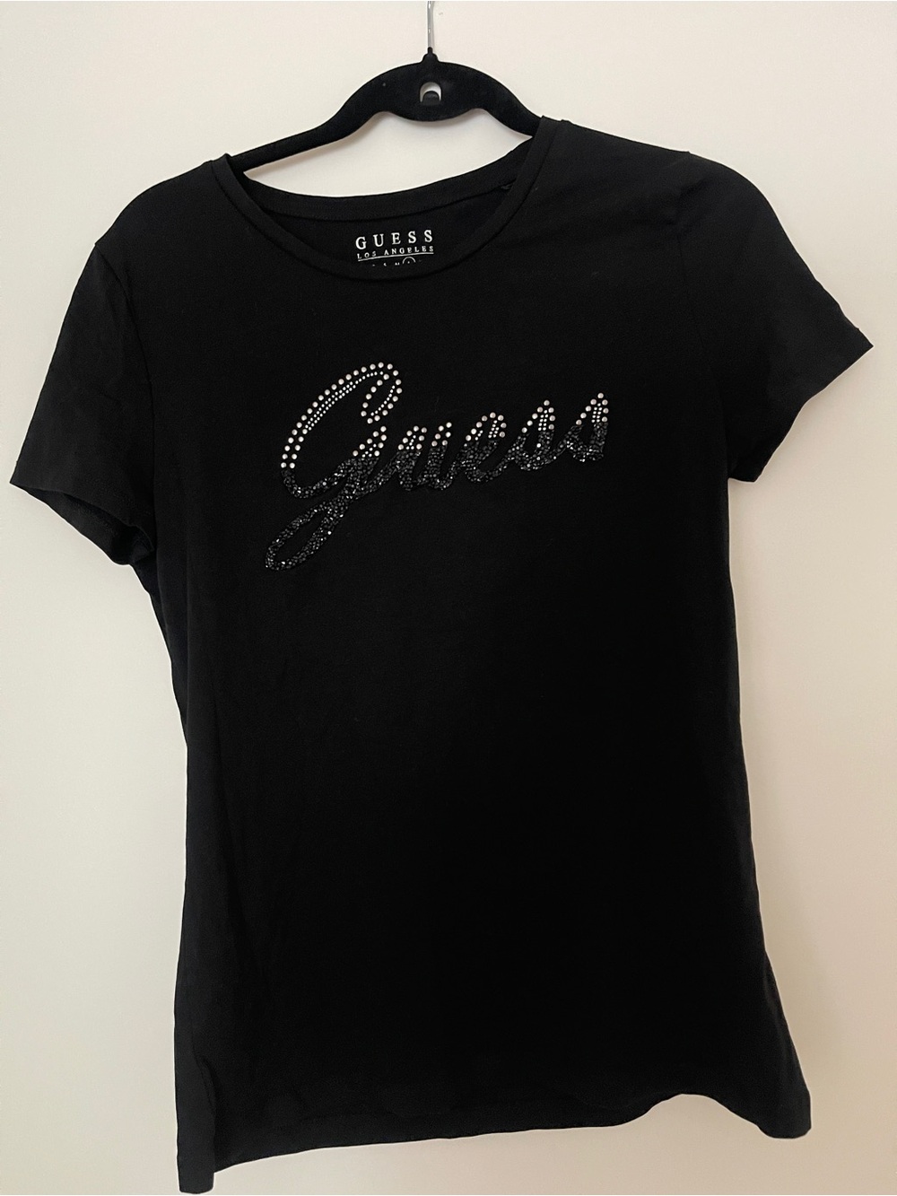 GUESS Black Short Sleeve Tee with Crystal Script Logo